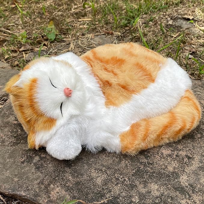 Realistic Plush Sleeping Cat Figurine Simulation Kitty Lifelike Kitten Home Office Shelf Decorative Statue, Synthetic Fur Pet Replica (Orange Tabby)