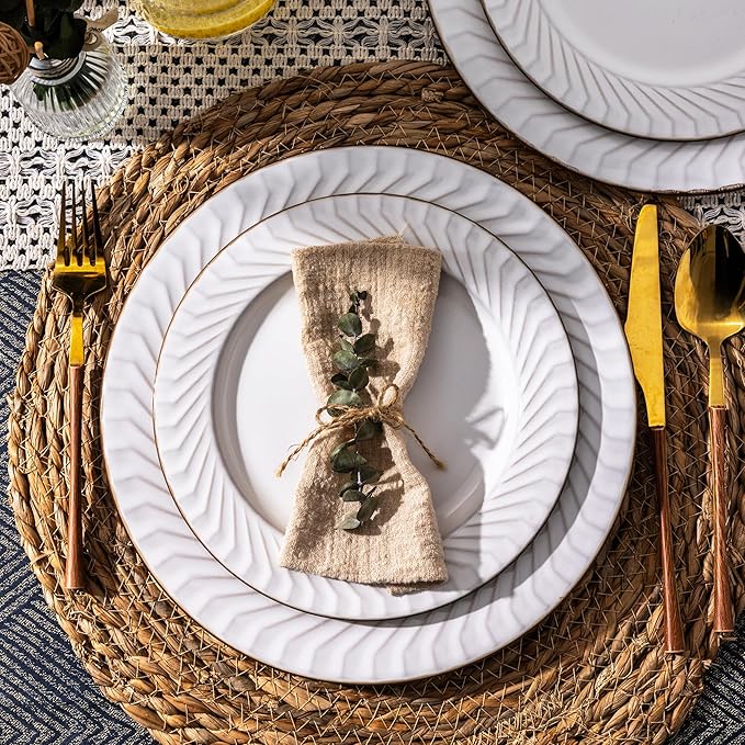 GBHOME Ceramic Dinnerware Sets,12 pcs Embossed Elegant Stoneware Plates and Bowls Sets, Housewarming Wedding Gift | Dishwasher & Microwave Safe | Dishes Set Service for 4