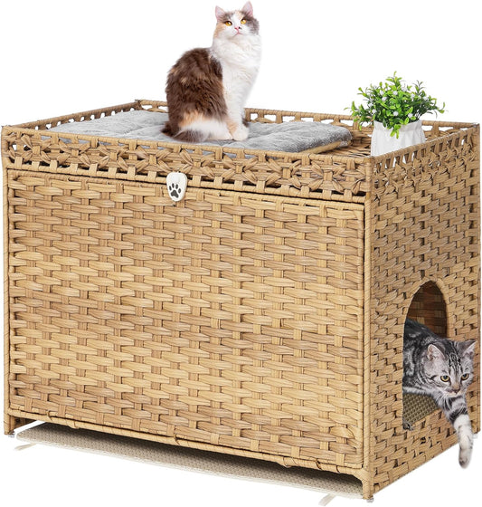Cat Litter Box Enclosure with Soft Litter Mat; Hidden Cat Washroom Furniture with Door; Handwoven Rattan Kitten House with Large Space; Pet Crate for Living Room, Bedroom, Balcony (Natural)