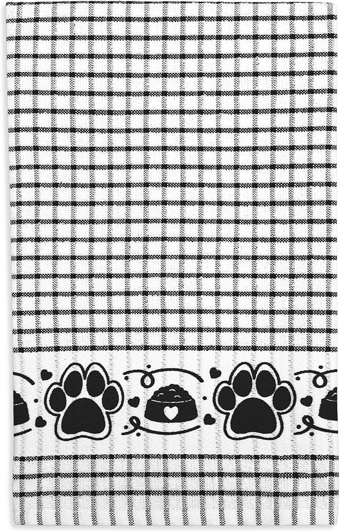 Cackleberry Home Paw Prints Terrycloth Kitchen Towels Windowpane Check Fabric, Set of 4 (Black)