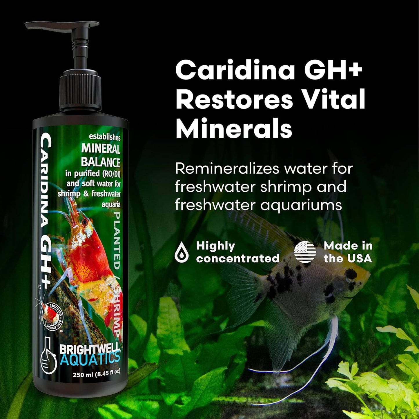 Brightwell Aquatics Caridina GH+ Mineral Supplement Restores Calcium Magnesium Potassium Sodium in Soft RO/DI Water for Shrimp Breeding and Plant Health, 250 ml