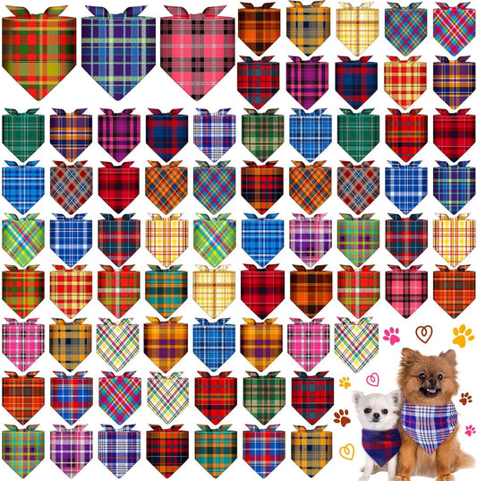 72 Pcs Plaid Dog Bandanas Bulk Triangle Scarf Cat Bibs Puppy Scarf Stripe Bandanas for Puppy Cat Birthday Party Costume