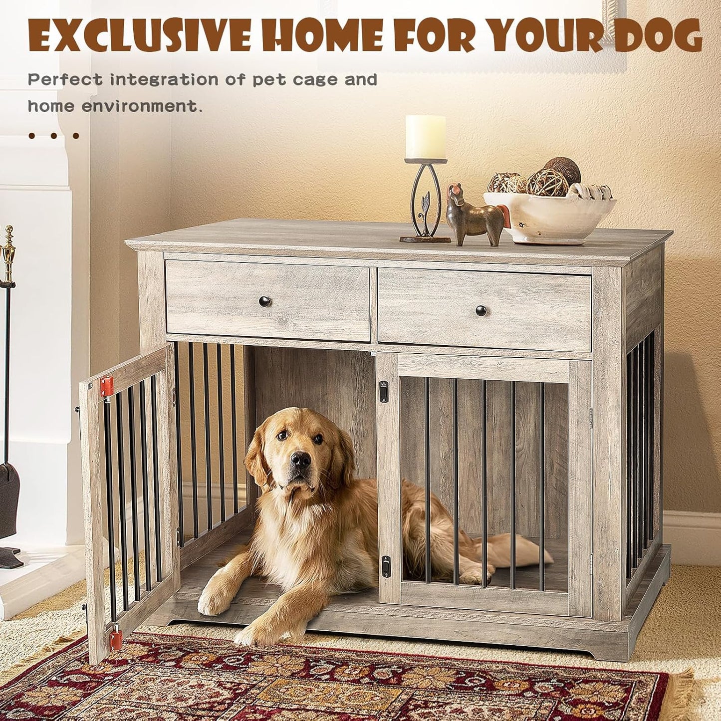 LEMBERI 44 Inch Large Dog Crate Furniture, Wooden Dog Kennel End Table with Storage Drawers, Decorative Pet Cage Dog House Indoor for Dogs