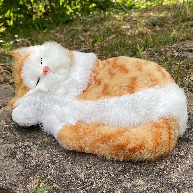 Realistic Plush Sleeping Cat Figurine Simulation Kitty Lifelike Kitten Home Office Shelf Decorative Statue, Synthetic Fur Pet Replica (Orange Tabby)