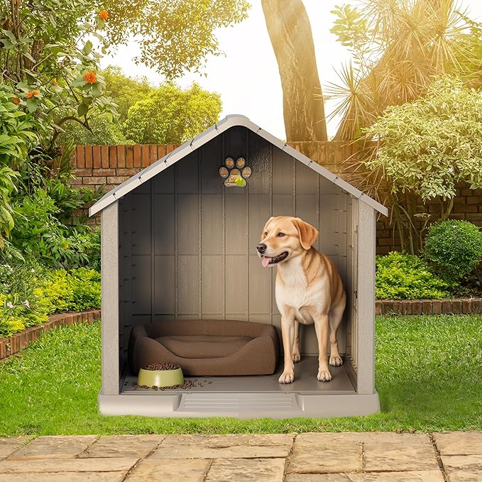Large Dog House Outdoor Indoor for Medium Large Dogs, Durable Plastic Waterproof Doghouse with Air Vents and Elevated Floor, Easy Clean and Assemble (Grey, 31" L x 33.3" W x 33.5" H)