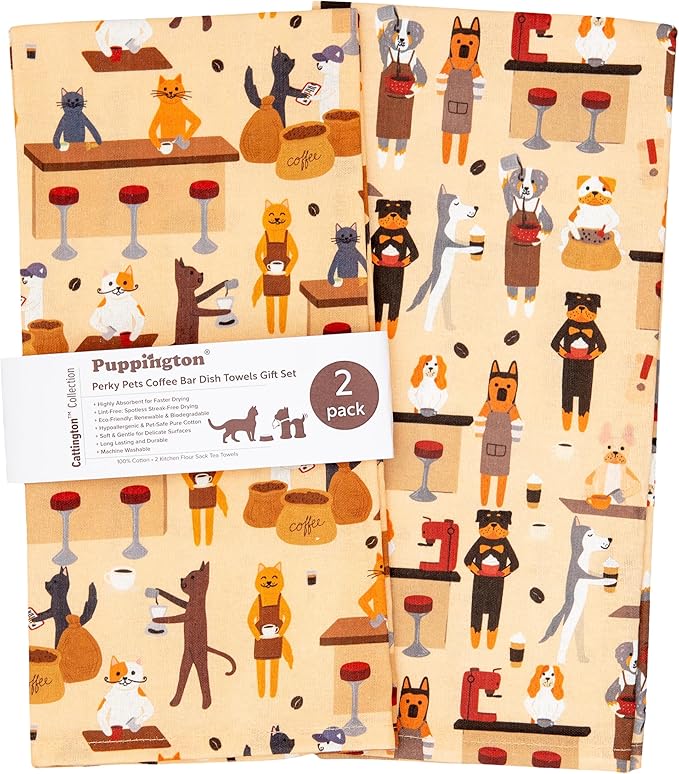 Dog and Cat Kitchen Towels - Dog and Cat Dish Towels for New Home Decorations - Gifts for Dog Moms and Cat Dads (Coffee Lovers)
