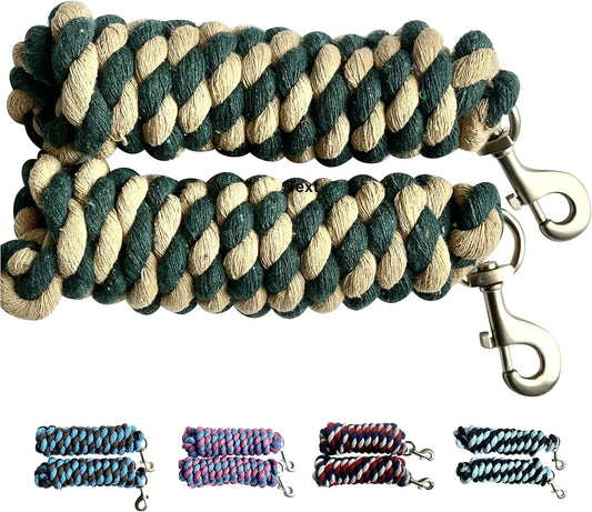 Majestic Ally Pack of 2 Solid Cotton Lead Rope for Horses & Livestock – 10 Foot Long and 5/8 inch Thick - Replaceable Heavy-Duty Satin Bolt Snap – Handmade – Soft, Broken in Feel (Hunter Green -Tan)