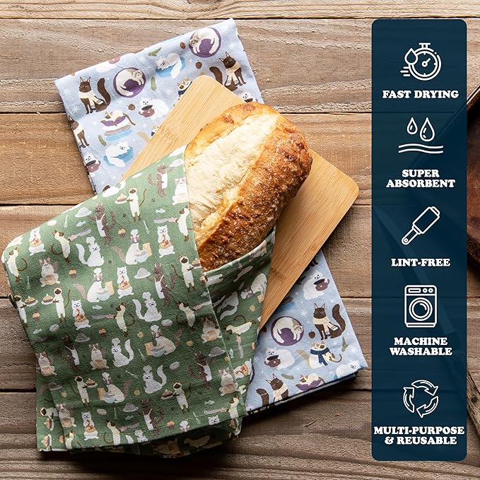 Cattington Kitchen Towels & Cat Decor - Gifts for Cat Lovers & Women - Tea Towel Set 2-Pack (Kitty Comforts Cozy Cooks)