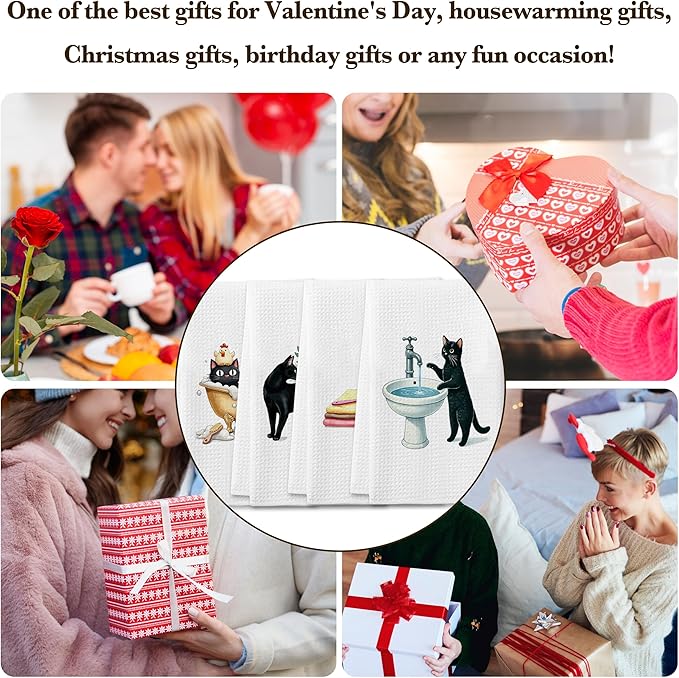 DETIHO Black Cat Hand Towel, Cat Dish Towels Decorative Set 16x24 Inches Set of 4, Towels for Kitchen, Bathroom