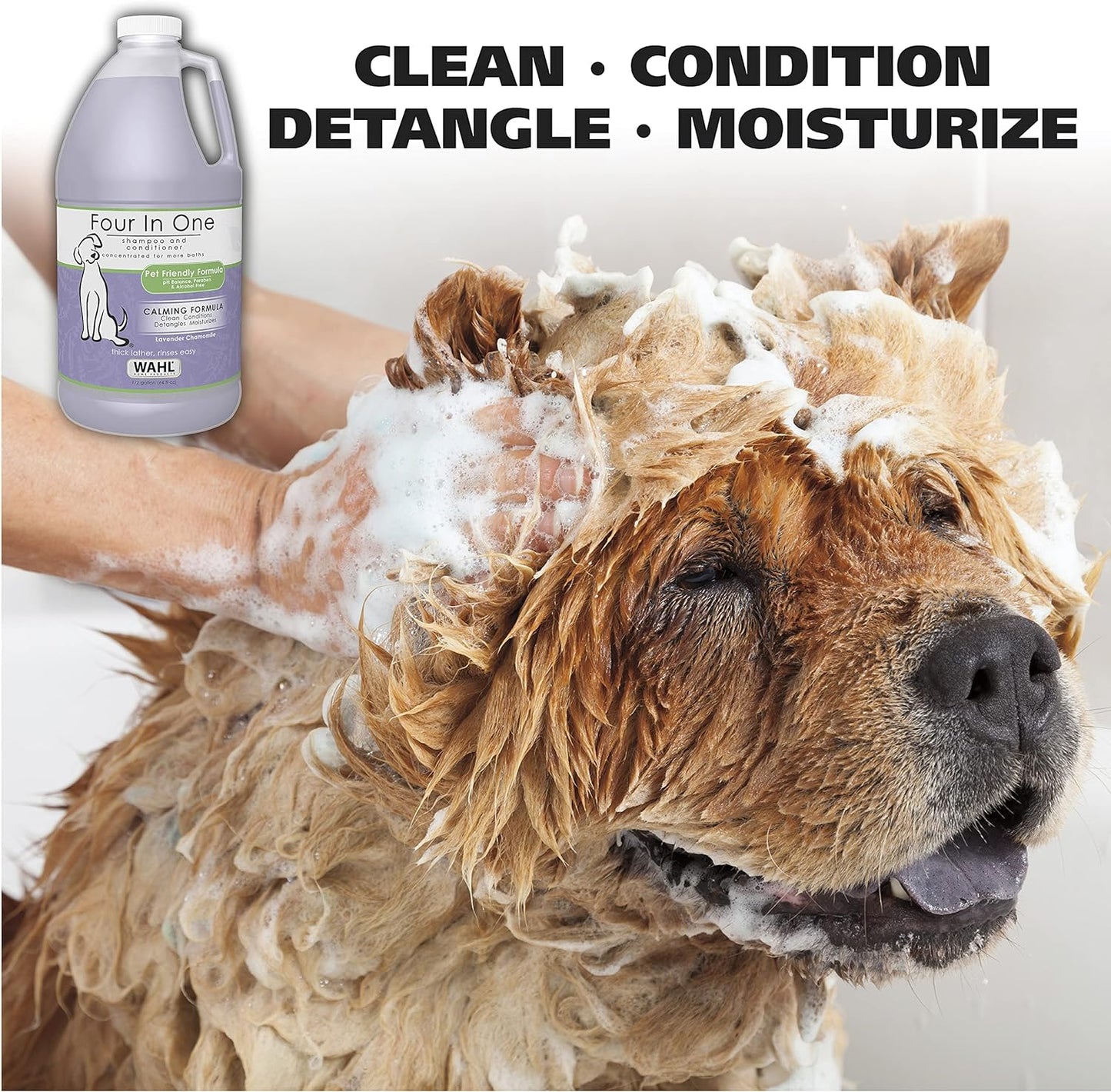 Wahl USA 4-in-1 Calming Pet Shampoo for Dogs with a Lavender Chamomile Scent – Cleans, Conditions, Detangles, & Moisturizes - Pet Friendly Formula – 64 Oz - Model 821000-050