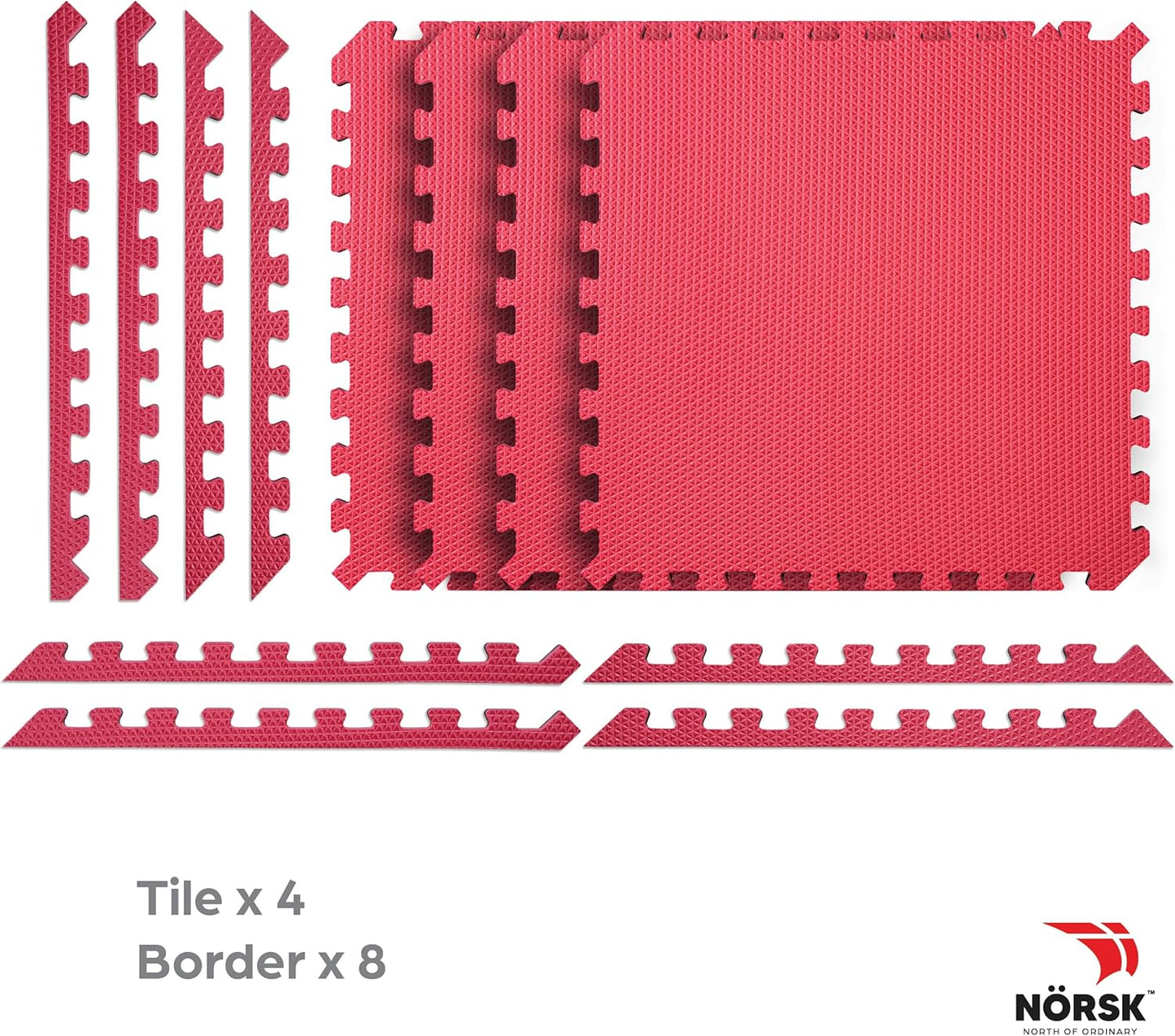 Norsk Reversible Gym Exercise Mats 3/4" Thick EVA Interlocking Foam Tiles, Perfect Home Gym Flooring, 28 Tiles & 56 Trim Pieces, 112 Sq. Ft. Reversible, Red/Black