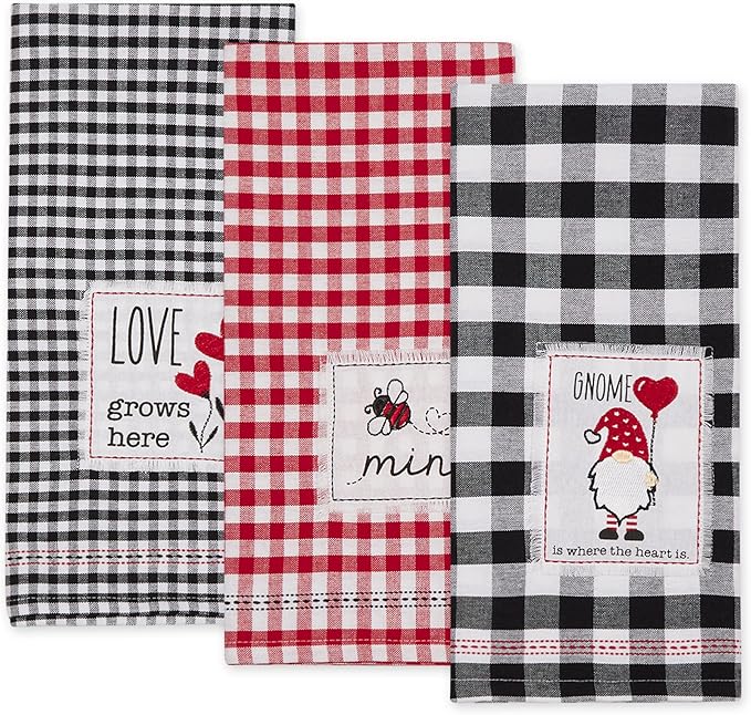 DII Valentine's Day Collection Kitchen, Dishtowel Set, 18x28, Love Grows Here Gingham, 3 Piece