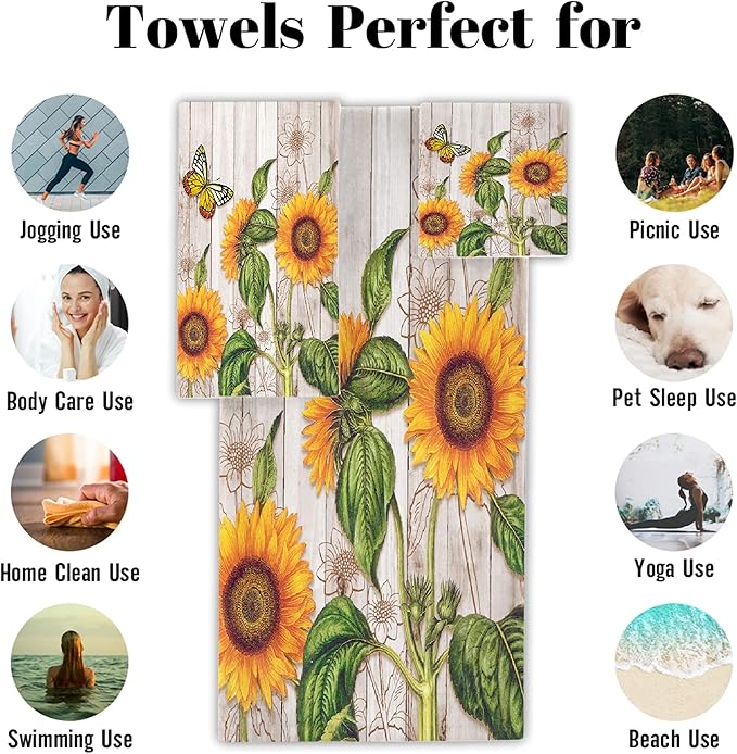 Gaming 3 Piece Towel Bathroom Sets, 1 Bath Towel, 1 Washcloth, 1 Hand Towel, Cotton Fast Dry Soft Absorbent Towel Set for Home Kitchen Family (Sunflower)