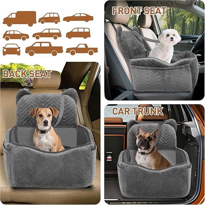 Dog Car Seat Booster with Waterproof Cover, Memory Foam, Small/Medium Dog Bed for Car Back Seat for Travel, Grey, 2 Safety Belt