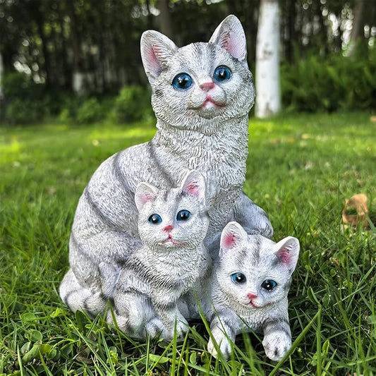 Mama Cat and Kitten Garden Statue,Outdoor Lawn Decorative Figurine Grey Cat Statue for Patio Yard,Funny Animal Flower Bed Decor Art Sculpture