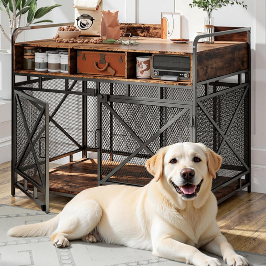 Dog Crate Furniture, 43" Heavy Duty Wooden Dog Crate End Table, XL Dog Kennel Furniture Large Breed, Decorative Dog Kenne Indoor with 3 Drawers & Steel Tubes 43" L x28 W x36 H (Rustic Brown)
