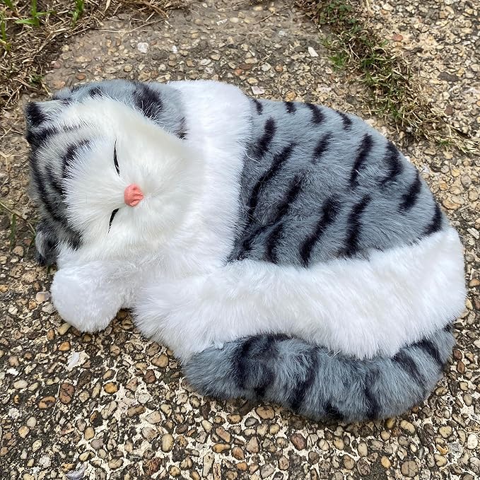 Realistic Plush Sleeping Cat Figurine Simulation Kitty Lifelike Kitten Home Office Shelf Decorative Statue, Synthetic Fur Pet Replica (Gray-Tabby)
