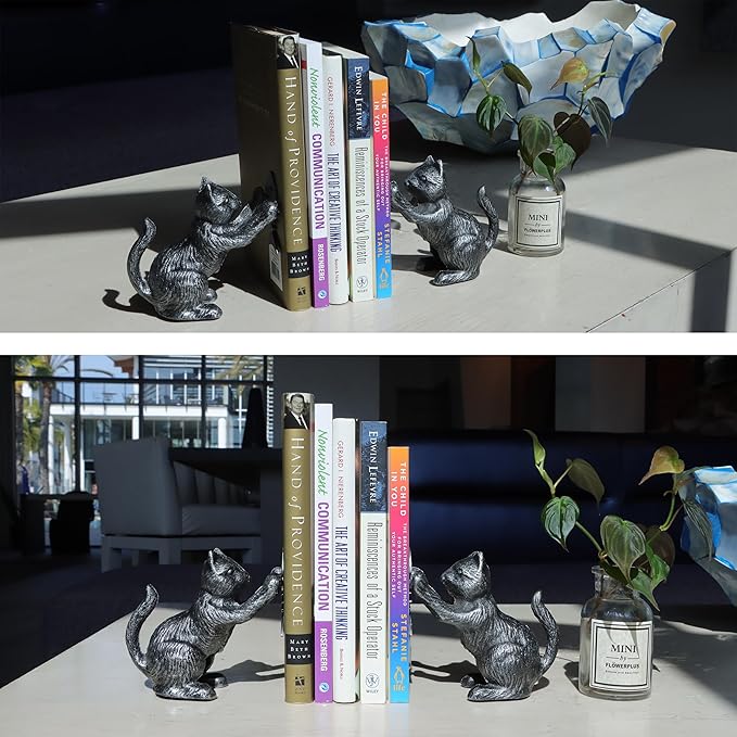 PandS Vintage Cat Decorative Bookends Antique Bookshelf Decor, Cast Iron Book Ends Holders, Gothic Decor for Home & Office Desk, Gift for Cat Lovers