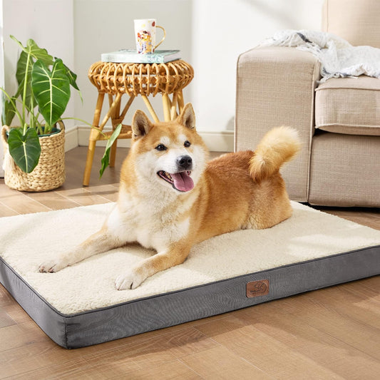 Bedsure Large Dog Bed for Crate - Orthopedic Flat Pet Beds with Removable Washable Cover, Egg Crate Foam Crate Mat, Suitable for Pet Up to 50 lbs