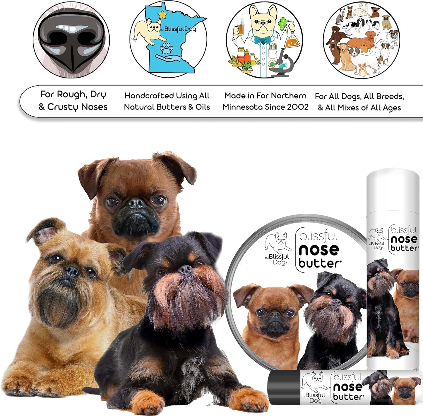 The Blissful Dog Brussels Griffon Nose Butter for Dry, Cracked Skin, Lick-Safe Dog Nose Balm with Moisturizing Shea Butter, Almond, Olive, and Essential Oils, Pet Supplies, Uncented, 2 oz.