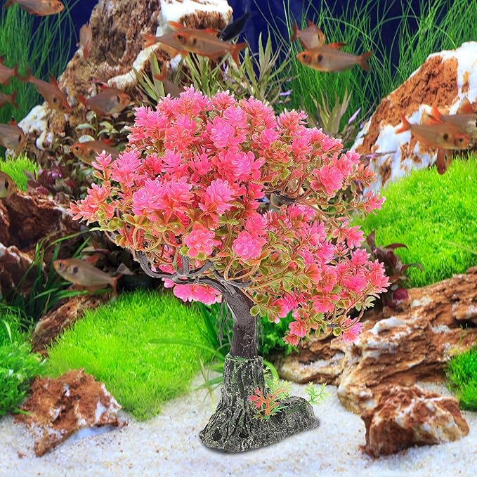 POPETPOP Artificial Aquarium Plant Plastic Water Plant Tree Fish Tank Bonsai Ornament Fish Tank Hideout Sushi Plate Decor for Aquarium Terrarium Landscape Pink