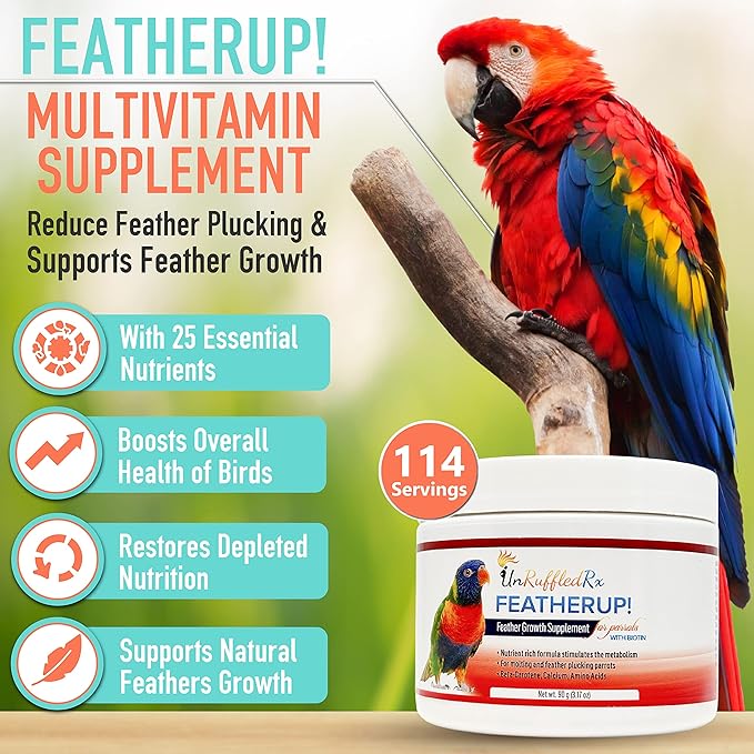 FeatherUp! Bird Vitamins with Biotin for Beautiful Plumage - Feather Growth Supplements for Parrots - 90 gm - 240 Servings