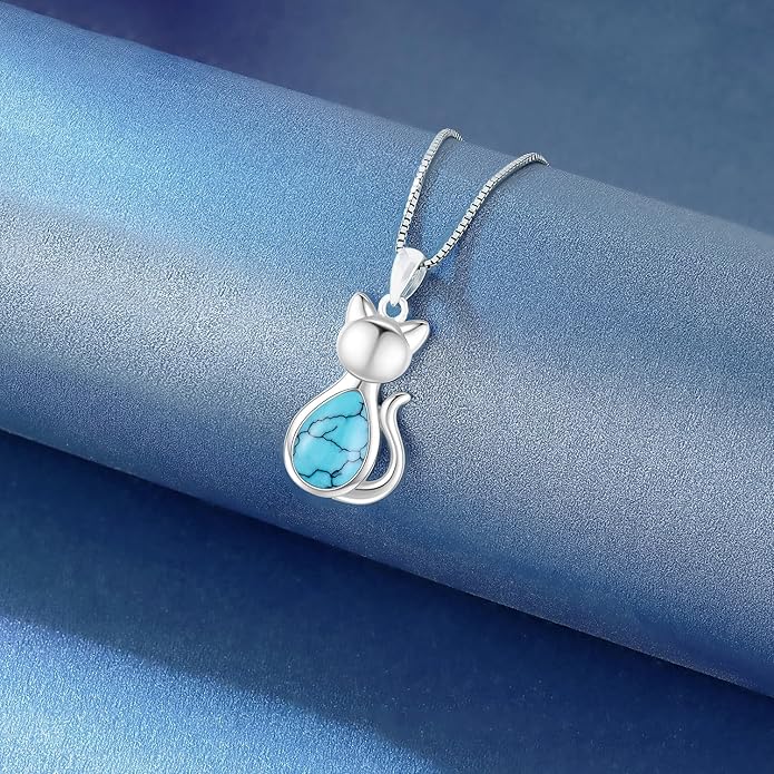 Odinstone Cat Birthstone Necklaces Jewelry Sterling Silver Cat Pendant Necklace Gift for Women Gifts, 18'' Silver Box Chain Women's Birthstone Crystal Cat Jewelry Gifts