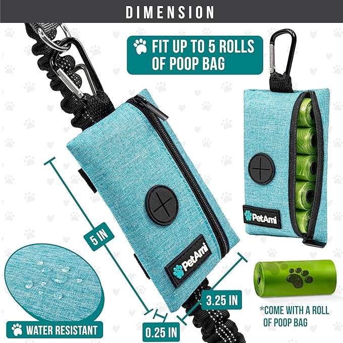 PetAmi Dog Poop Bag Holder for Leash, Dog Waste Bag Dispenser with Clip, Doggy Walking Accessories with Trash Bag Roll, Blue 1 Pack