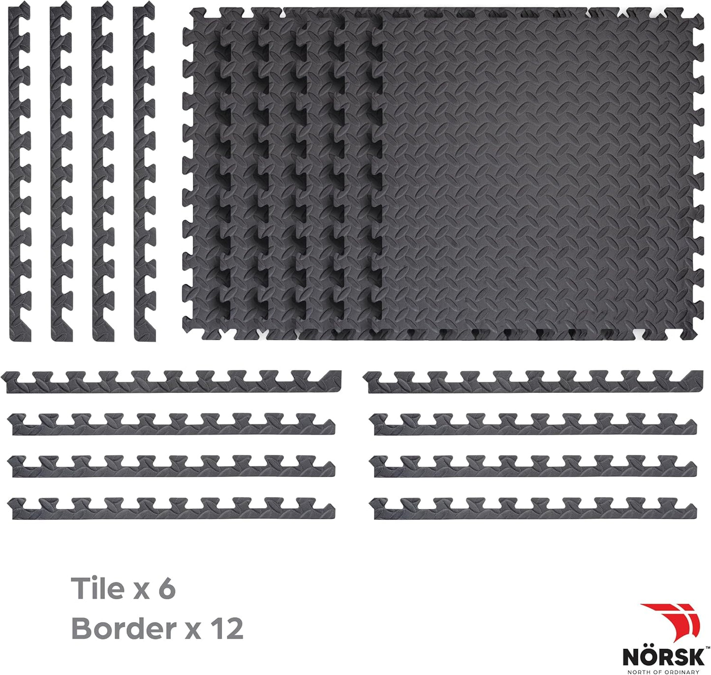 Norsk Foam Floor Gym Mats with Interlocking Tiles, .47" Thick, 24"x24", 30-Pack, 120 Square Feet, Diamond Plate Design, Grey
