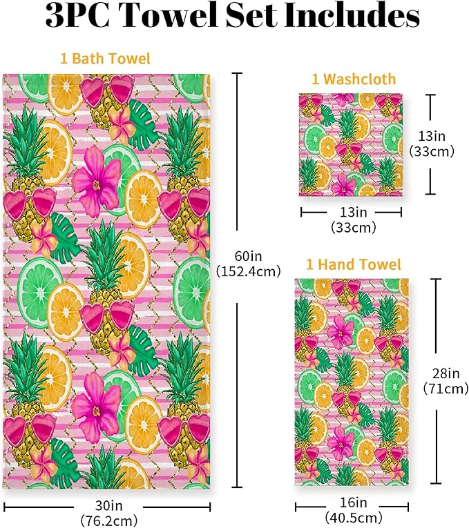 Gaming 3 Piece Towel Bathroom Sets, 1 Bath Towel, 1 Washcloth, 1 Hand Towel, Cotton Fast Dry Soft Absorbent Towel Set for Home Kitchen Family (Holiday Pineapple)