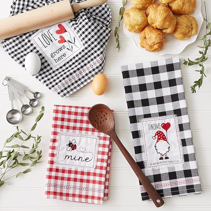 DII Valentine's Day Collection Kitchen, Dishtowel Set, 18x28, Love Grows Here Gingham, 3 Piece