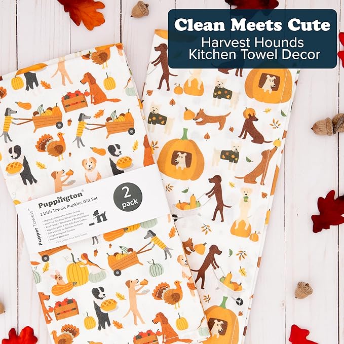 Dog Kitchen Towels - Thanksgiving Kitchen Towels - Fall Decor Dog Lover Gifts - Dog Thanksgiving Decor Dish Towels - Thanksgiving Tea Towels - (Harvest Hounds 2-Pack)