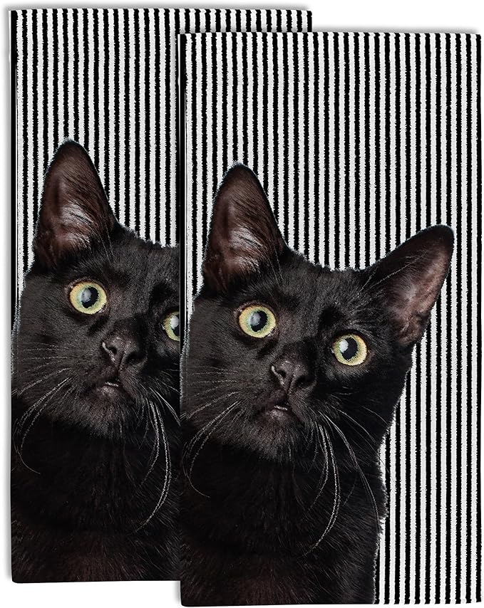 Cute Black Cat Hand Towel for Bathroom Set of 2,Cat on Black White Stripes Bathroom Hand Towel,Soft Absorbent Decorative for Hotel Gym Yoga Home Decor