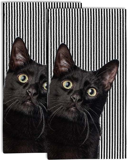 Cute Black Cat Hand Towel for Bathroom Set of 2,Cat on Black White Stripes Bathroom Hand Towel,Soft Absorbent Decorative for Hotel Gym Yoga Home Decor