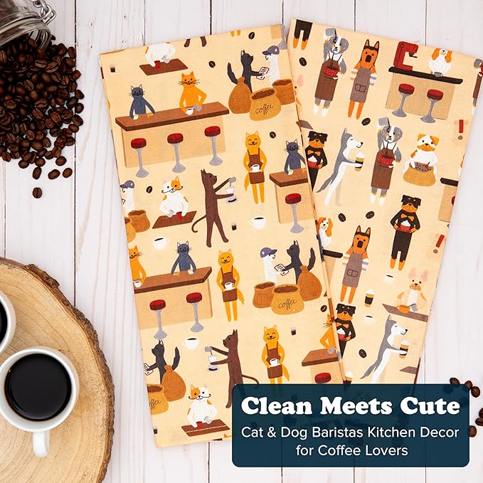 Dog and Cat Kitchen Towels - Dog and Cat Dish Towels for New Home Decorations - Gifts for Dog Moms and Cat Dads (Coffee Lovers)