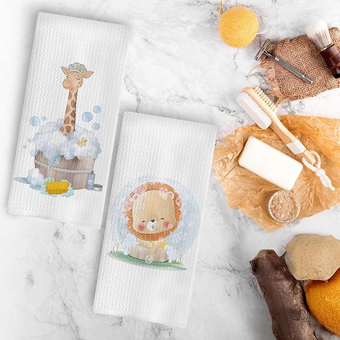 Kids Hand Towels Set of 4, Cute Baby Giraffe Elephant Bear Lion Decorative Hand Towels for Bathroom Decor, Toddler Kids Bathroom Decor, 16x24 Inch