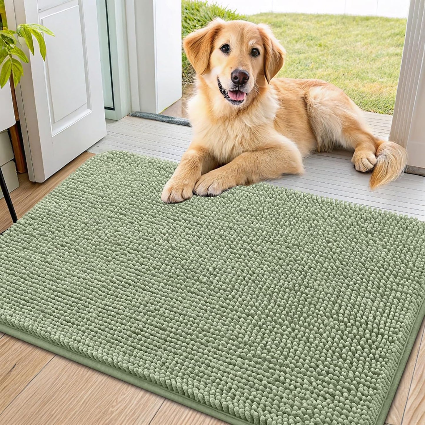 Smiry Dog Door Mat for Muddy Paws 36x24, Absorbs Moisture and Dirt Doormat, Non-Slip Washable Quick Dry Chenille Front Door Mat Indoor Entrance, Entryway Carpet for Inside Floor, Sage Green