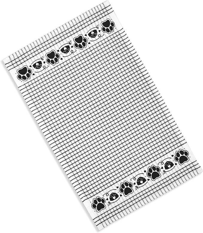 Cackleberry Home Paw Prints Terrycloth Kitchen Towels Windowpane Check Fabric, Set of 4 (Black)