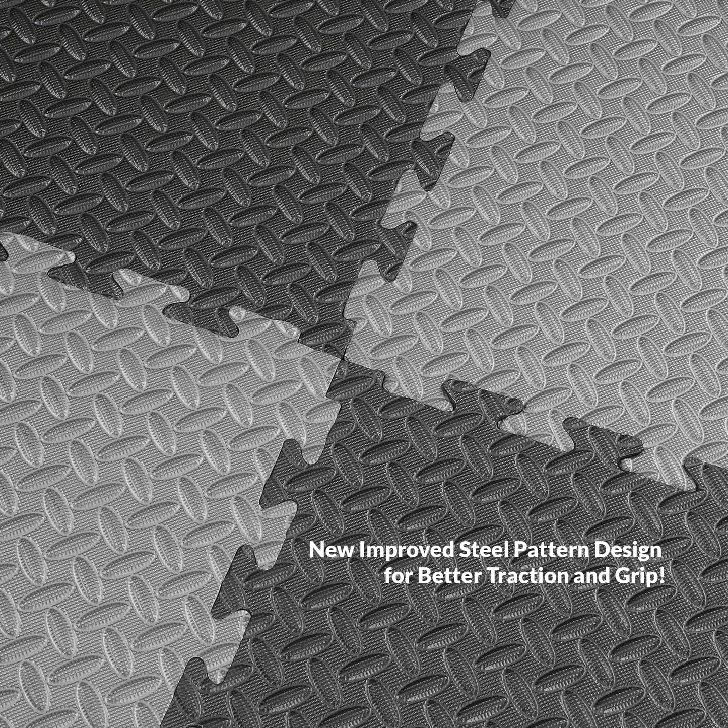 Xspec 1" Extra Thick 48 sq ft Reversible EVA Gym Foam Floor Mat Tiles (24" x 24"), Steel Pattern, 12 pcs, Black & Grey