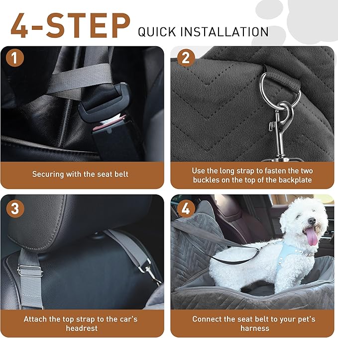 Dog Car Seat Booster with Waterproof Cover, Memory Foam, Small/Medium Dog Bed for Car Back Seat for Travel, Grey, 2 Safety Belt