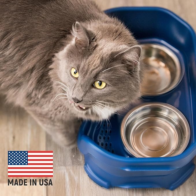 Neater Feeder Deluxe Mess Proof Cat Bowls Elevated for All Breeds – Made in USA – No Spill Raised Bowls for Indoor Cats – Stainless Steel Food and Water Bowl Set, Pet Dish Feeding Station, Dark Blue