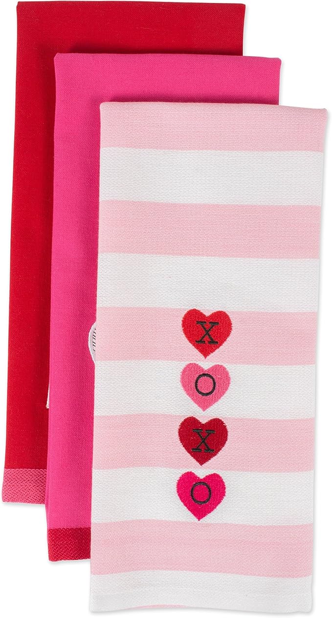 DII Valentine's Day Collection Kitchen, Dishtowel Set, 18x28, Embellished Hearts, 3 Piece