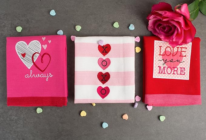 DII Valentine's Day Collection Kitchen, Dishtowel Set, 18x28, Embellished Hearts, 3 Piece