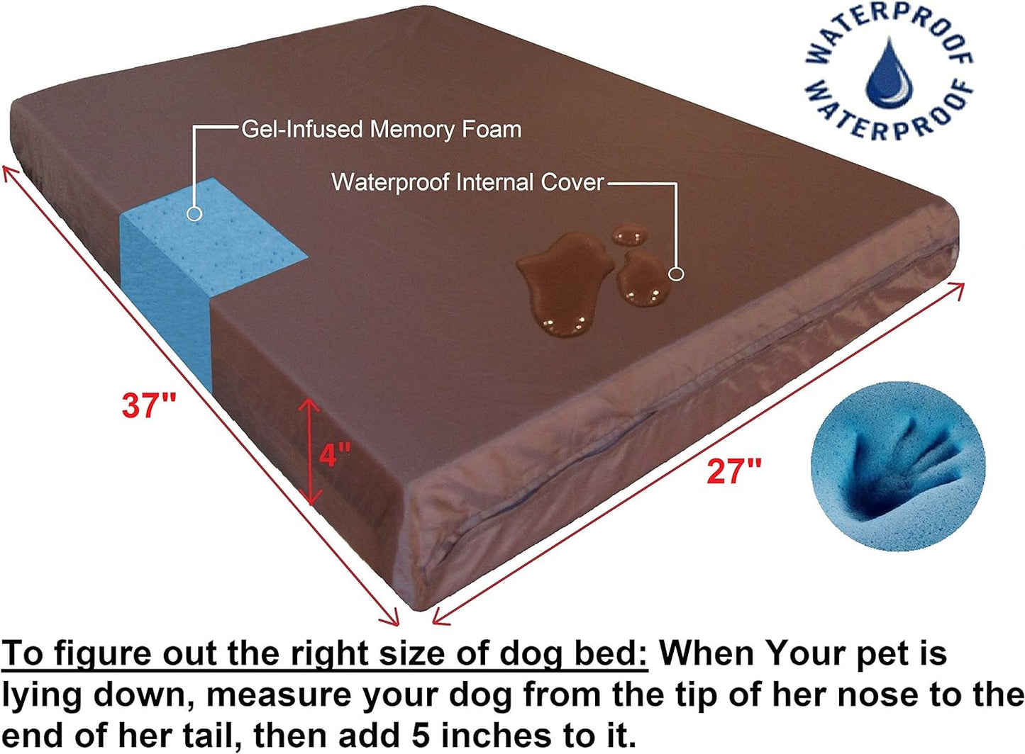 Dogbed4less Orthopedic Memory Foam Dog Bed for Medium Dogs with Washable Denim Cover, Waterproof Liner and Extra Pet Bed Case, 37X27X4 Inch, Brown