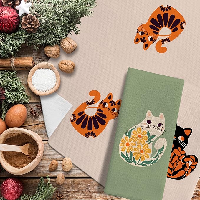 Cat Kitchen Towels - Cat Mom & Lady Gifts, 16x24 Inch Set of 3 Hand & Dish Tea Towels