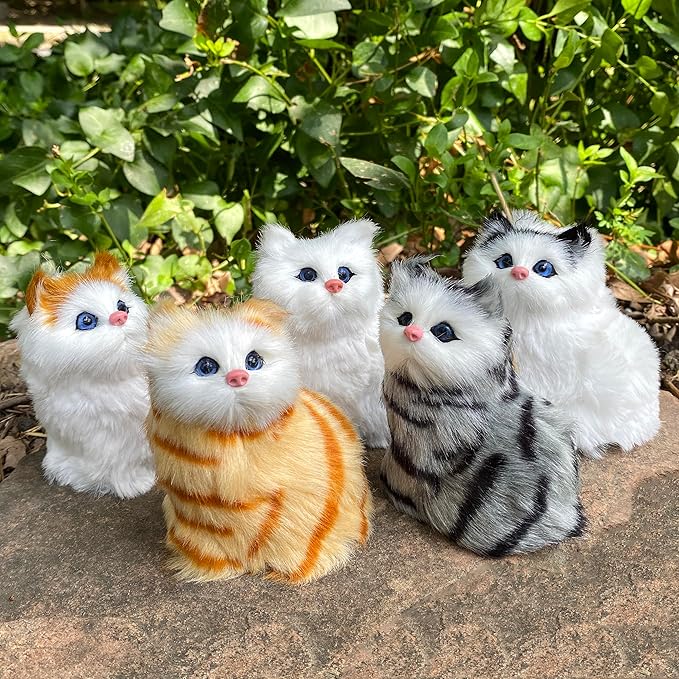 Pack of 5 Realistic Plush Baby Cats Figurines - Mini Christmas Tree Hanging Ornaments. Faux Fur Kittens. Backpack Fluffy Kitty Pendant Keychain Toys