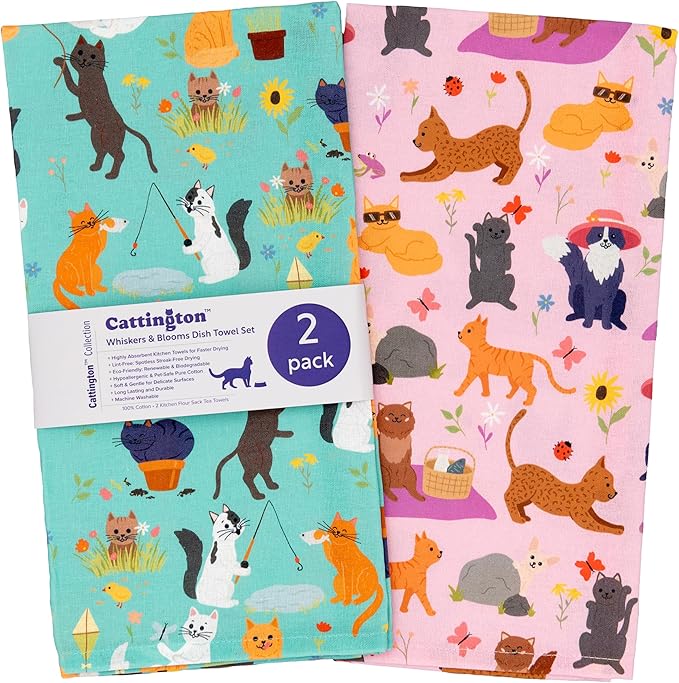 Cattington Cat Kitchen Towels Spring Decor for Home - Dish Towels & Cat Decor for Cat Lovers - Gardening Gifts for Women - Cat Mom Gifts for Gardeners 2-Pack (Whiskers & Bloom)