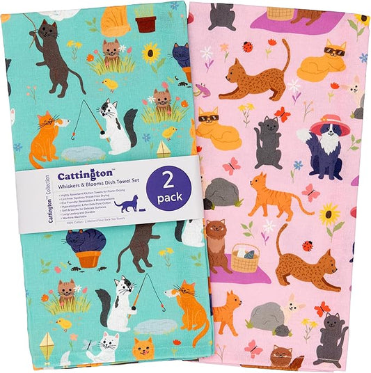 Cattington Cat Kitchen Towels Spring Decor for Home - Dish Towels & Cat Decor for Cat Lovers - Gardening Gifts for Women - Cat Mom Gifts for Gardeners 2-Pack (Whiskers & Bloom)