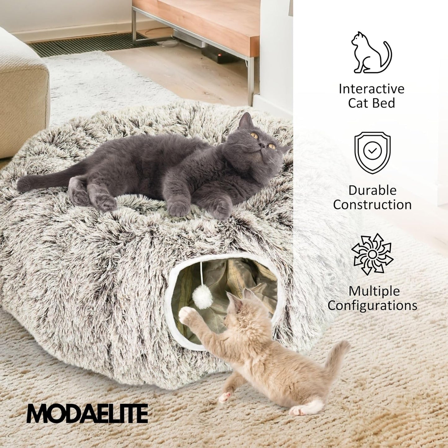 Cat Donut Bed with Washable Cushion – Cat Caves for Indoor Cats – Collapsible Donut Bed with Peekaboo Pet Tunnel Toy – Cozy Hideout for Kittens, Ferrets, Rabbits & Dogs - Brown