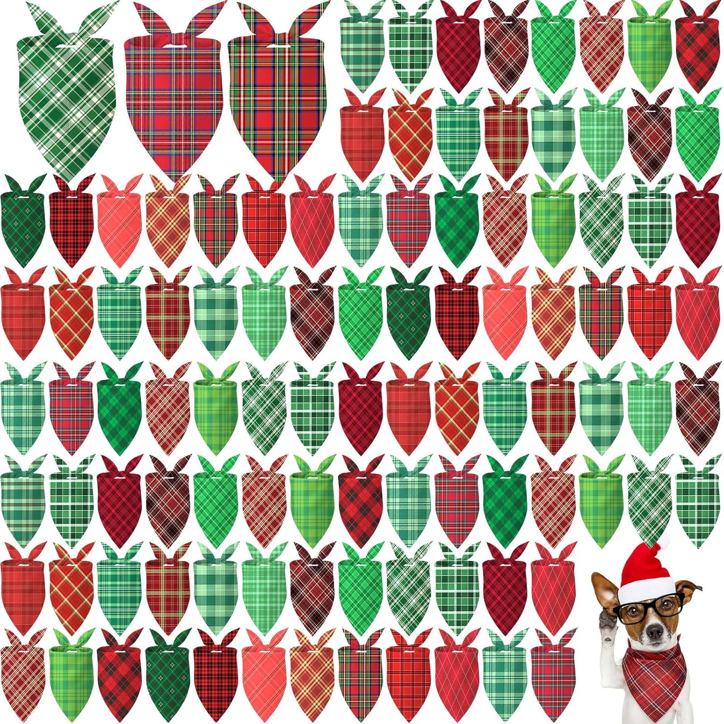Abbylike 100 Pcs Christmas Dog Bandanas Bulk Red and Green Buffalo Plaid Xmas Bandanas for Dogs Triangle Kerchief Bibs Scarf Set with Christmas Patterns for Pets Costume Photo Props Accessories